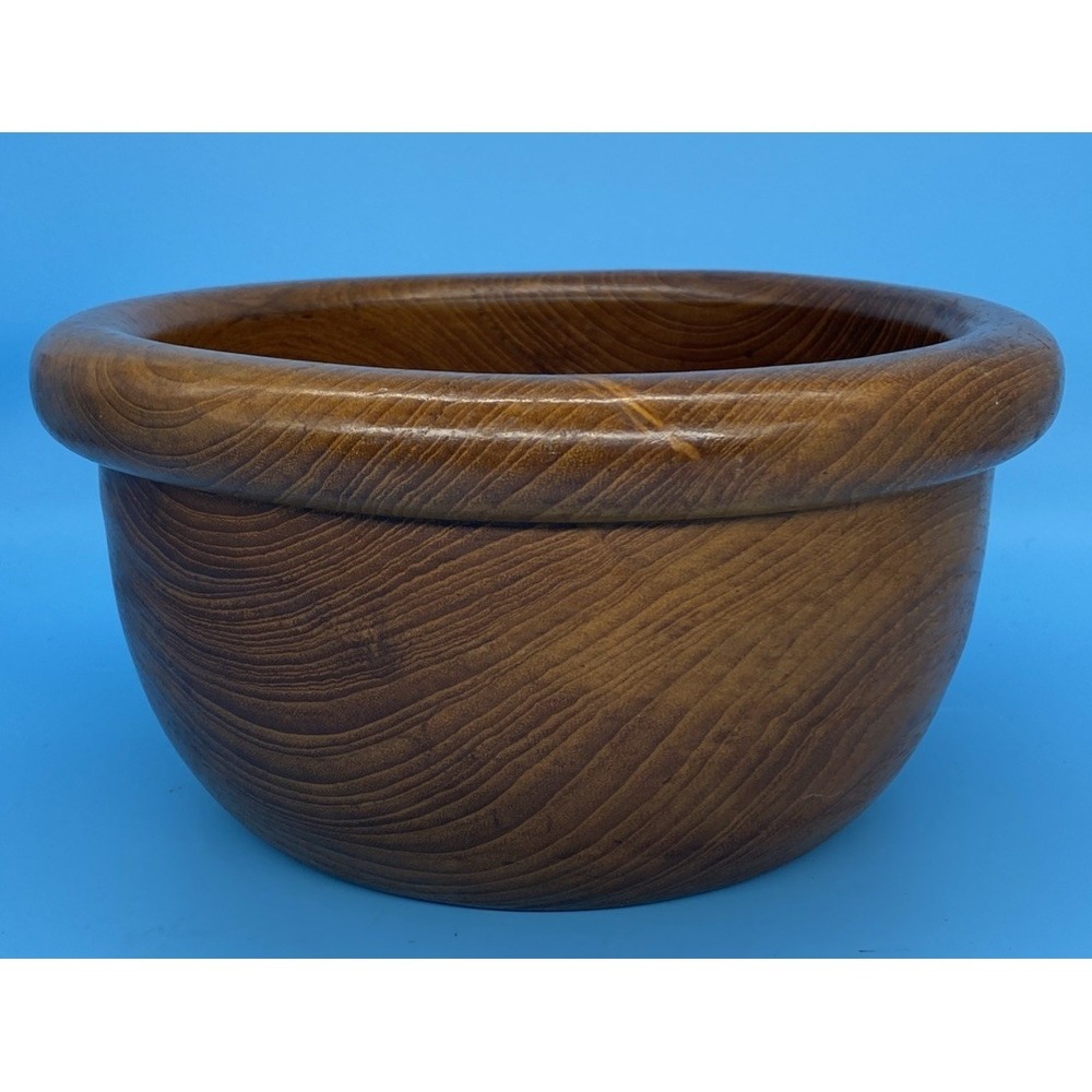 Vintage MCM Turned Teak Wood Salad Bowl 10" Solid Wood Round Fruit Dish 1960s